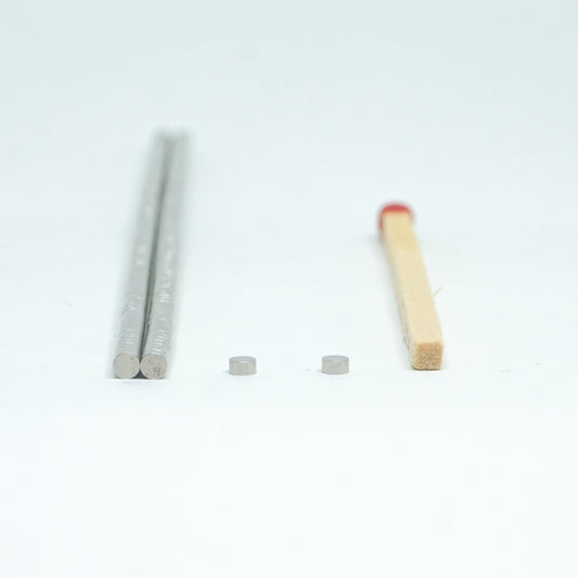 The image shows two cylindrical magnets alongside a matchstick for scale.